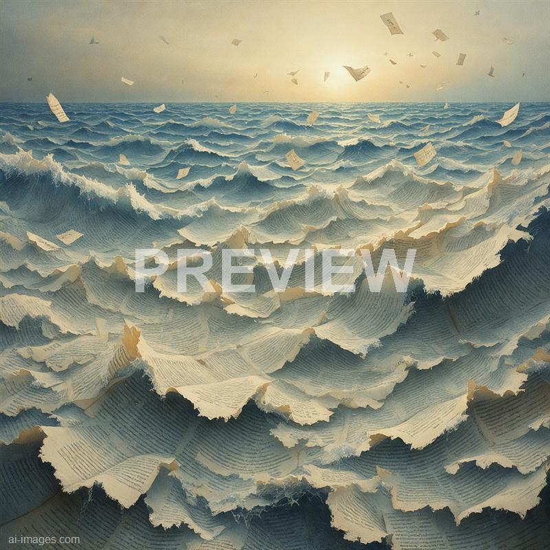 The image depicts a surreal scene of a vast ocean with waves made out of torn and layered pages, giving a textured, paper-like appearance. In the background, the sun is setting or rising, casting a warm, golden light over the scene, while paper sheets are seen flying or floating above the water, adding to the dreamlike atmosphere. The overall composition combines natural ocean elements with an artistic, paper-crafted aesthetic.